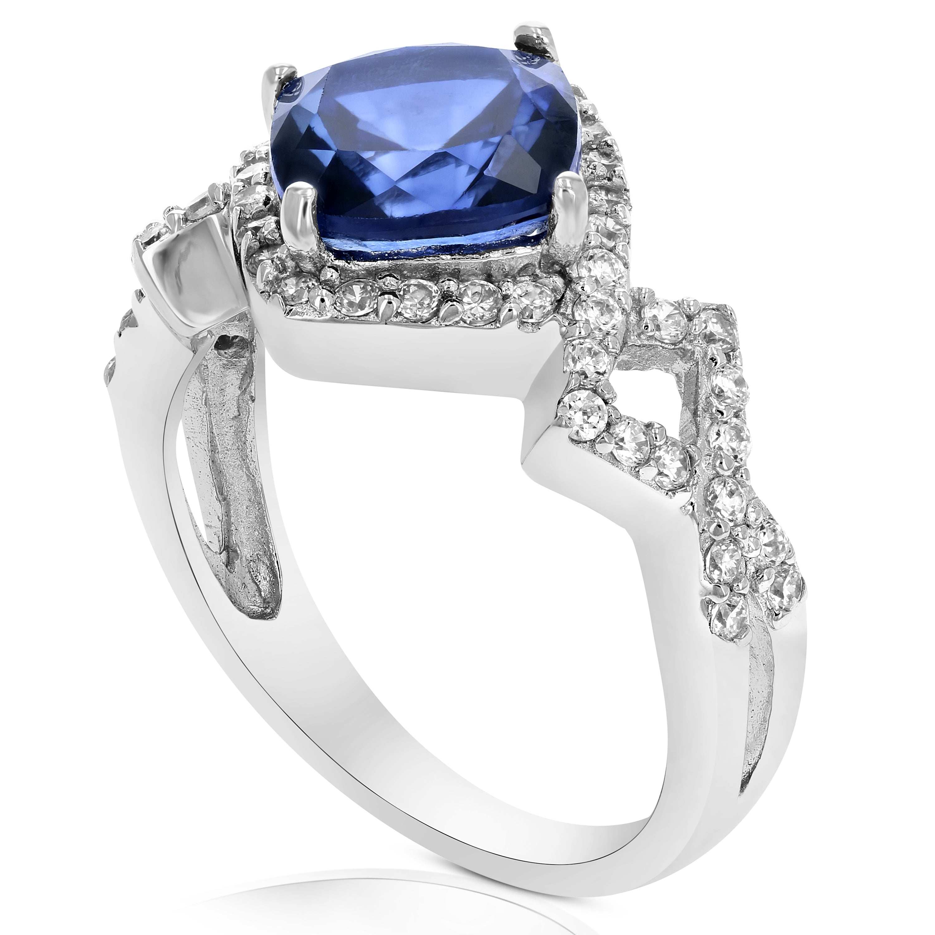 2.10 cttw Created Blue Sapphire Ring .925 Sterling Silver Cushion 8 MM Size 7