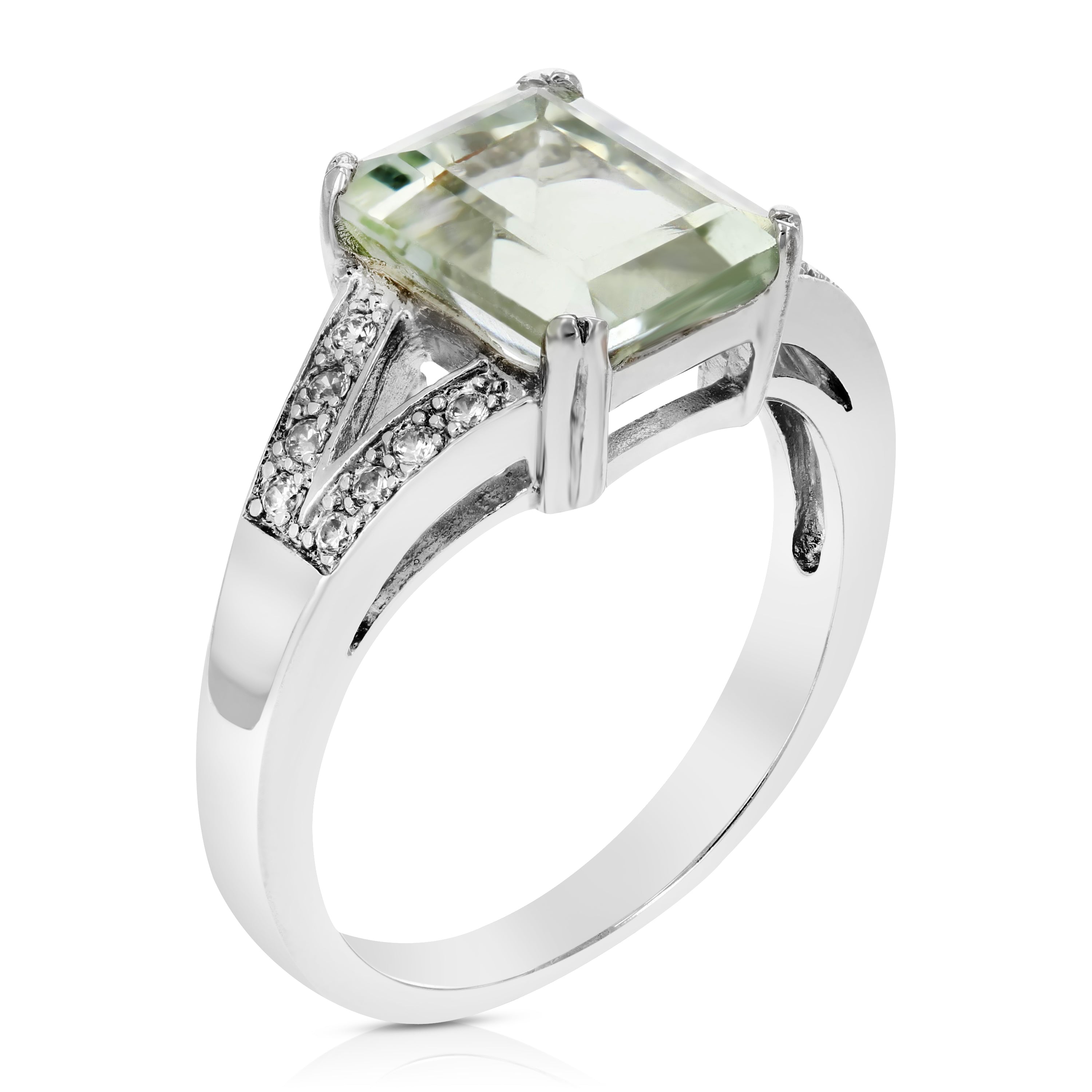 2.20 cttw Emerald Shape Green Amethyst Ring Brass with Rhodium Plating 10x8 MM