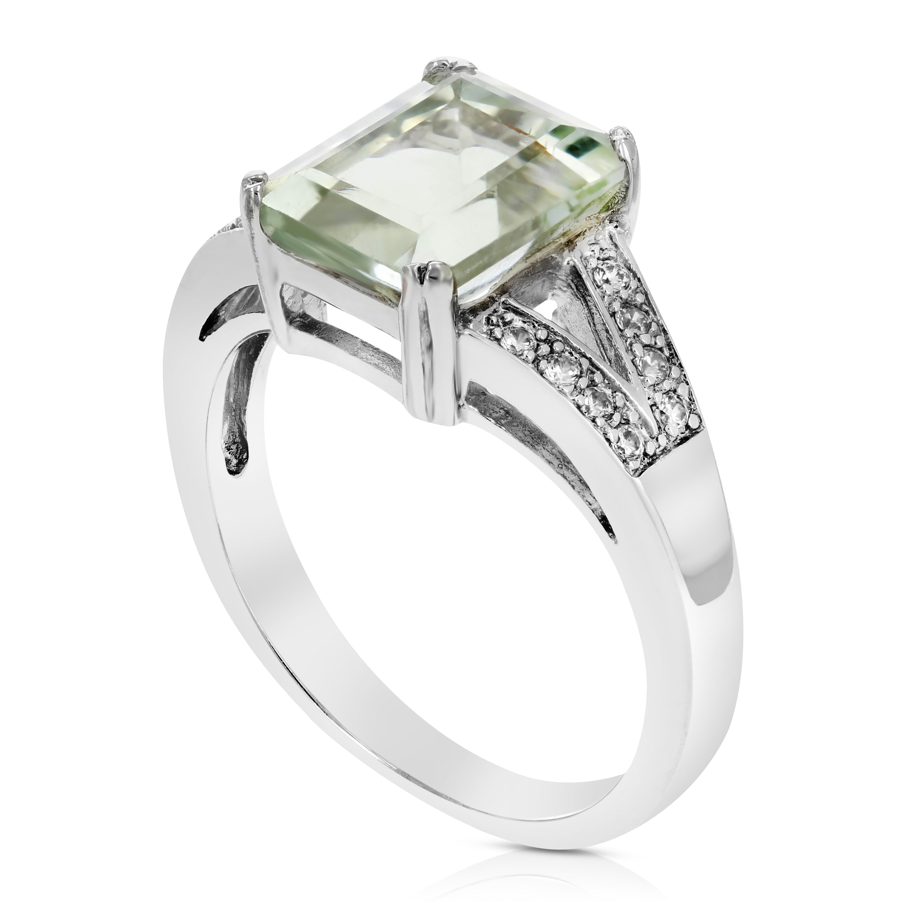 2.20 cttw Emerald Shape Green Amethyst Ring Brass with Rhodium Plating 10x8 MM