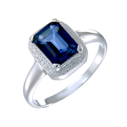 1 cttw Created Blue Sapphire Ring in .925 Sterling Silver Emerald Shape Size 7